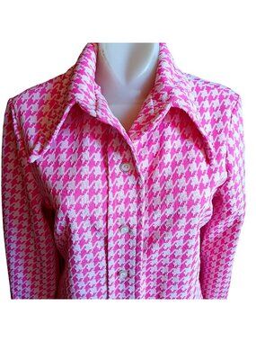 Vintage Women's Texas Granny Pink Houndstooth Button-Up Shirt Big Mod Collar